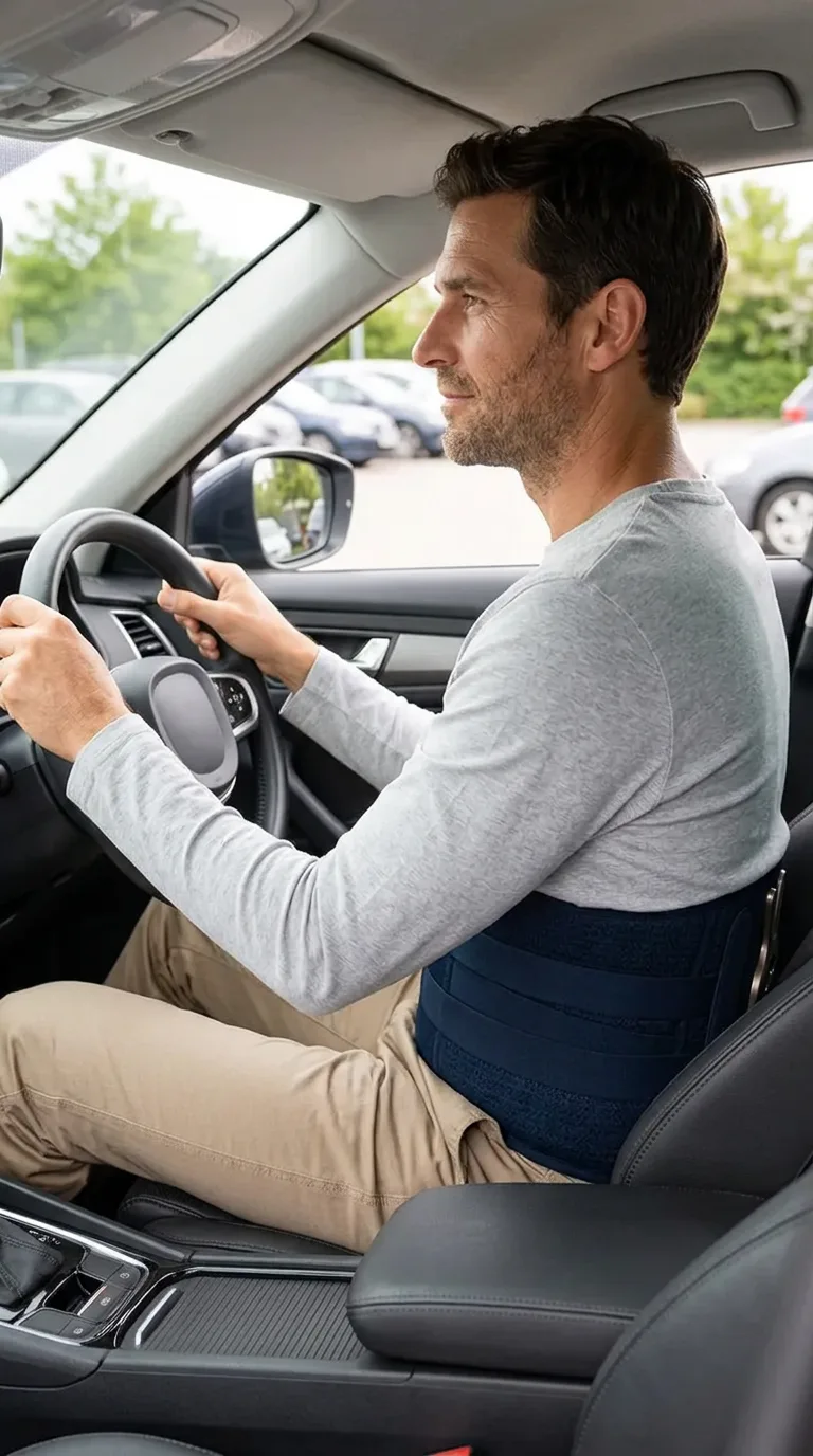 Driver wearing the Triple Method Back Massager behind the wheel