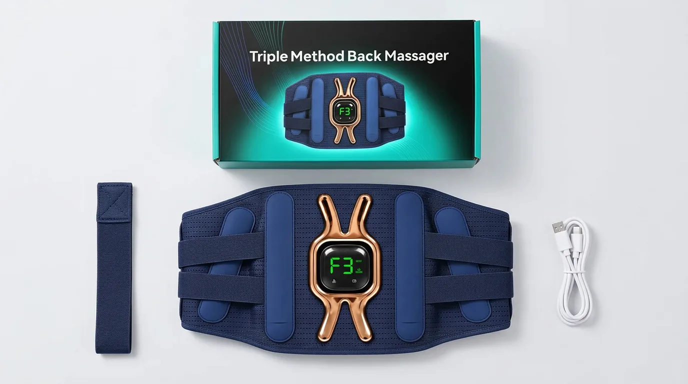 Triple Method Back Massager belt, extension strap and USB-C charging cable with the retail box