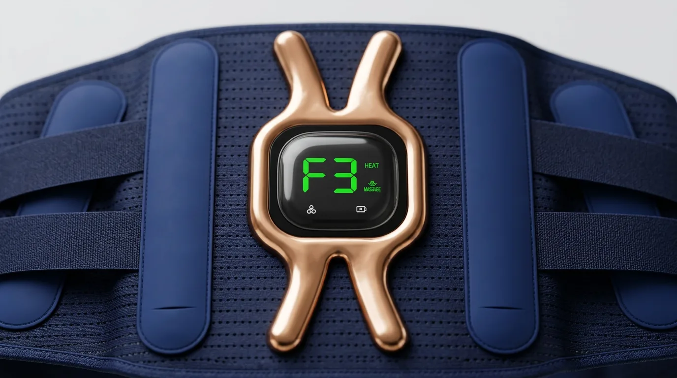 Close-up of the Triple Method Back Massager control unit showing the heat and massage level indicators