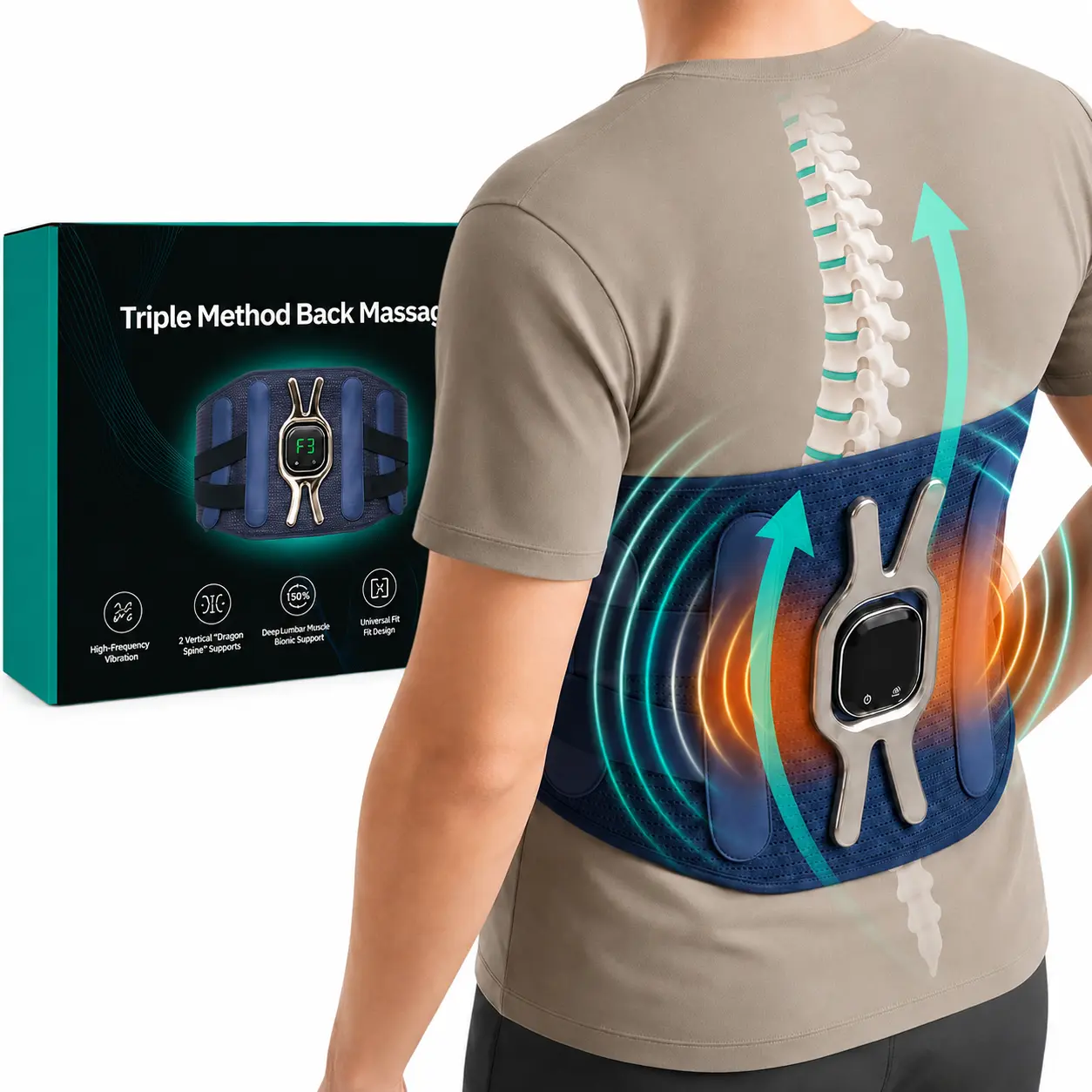 Triple Method Back Massager worn on the lower back showing lumbar support, heat and vibration zones