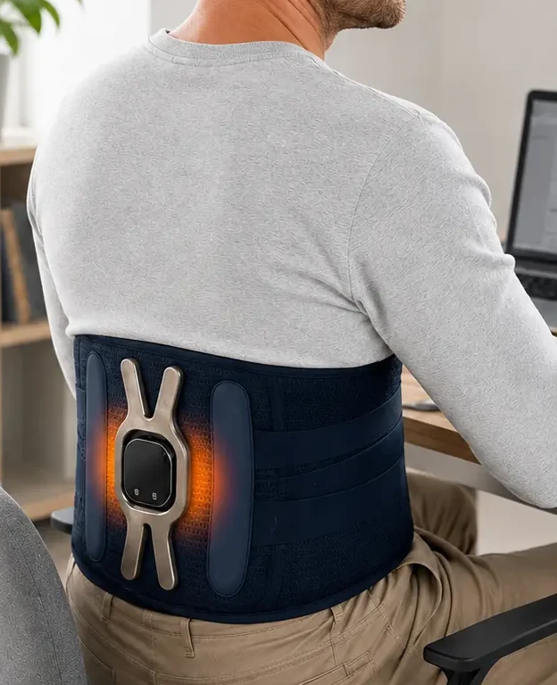 Close view of the Triple Method Back Massager worn over the lower back while seated at a desk