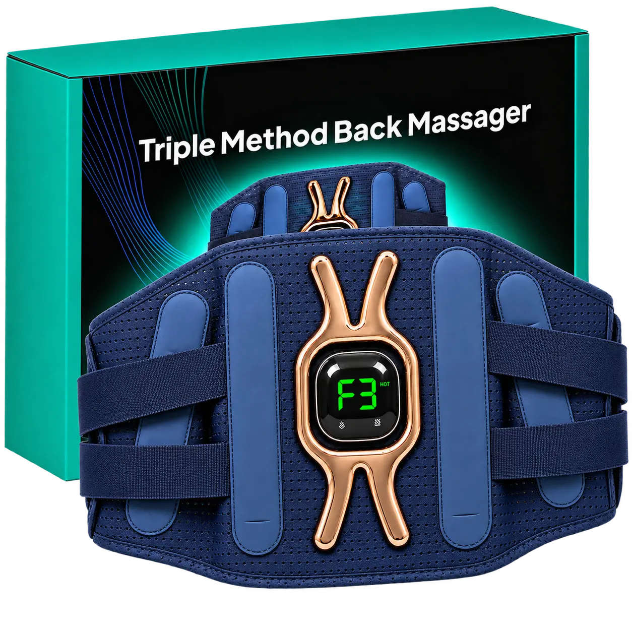 Triple Method Back Massager retail box with the belt in front of it