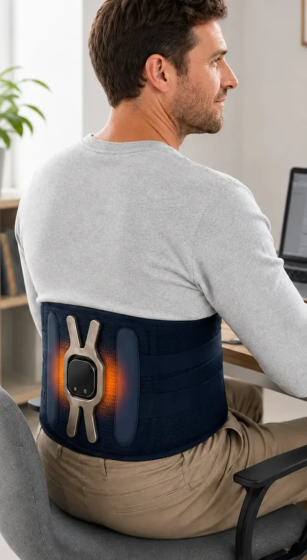 Man wearing the Triple Method Back Massager while working at a desk in an office chair